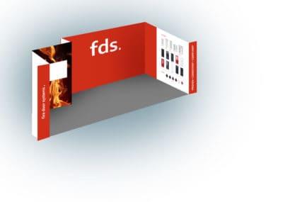 Graphic showing mock up design of the fire door systems (fds) exhibition stand at the Fire Safety Event. The fds logo is shown in white as three letters. Different door styles and colours are shown on the righthand wall. On the left is a flame image with a white space for a television.