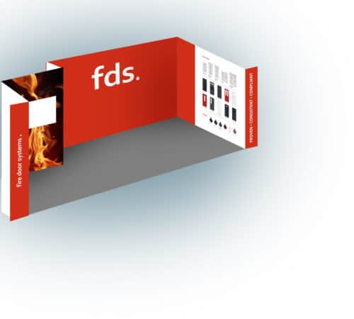 Graphic showing mock up design of the fire door systems (fds) exhibition stand at the Fire Safety Event. The fds logo is shown in white as three letters. Different door styles and colours are shown on the righthand wall. On the left is a flame image with a white space for a television.